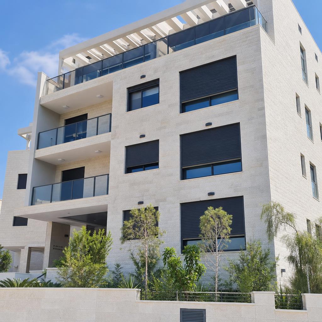 חזית בניין עם חלונות אלומיניום ותריסים